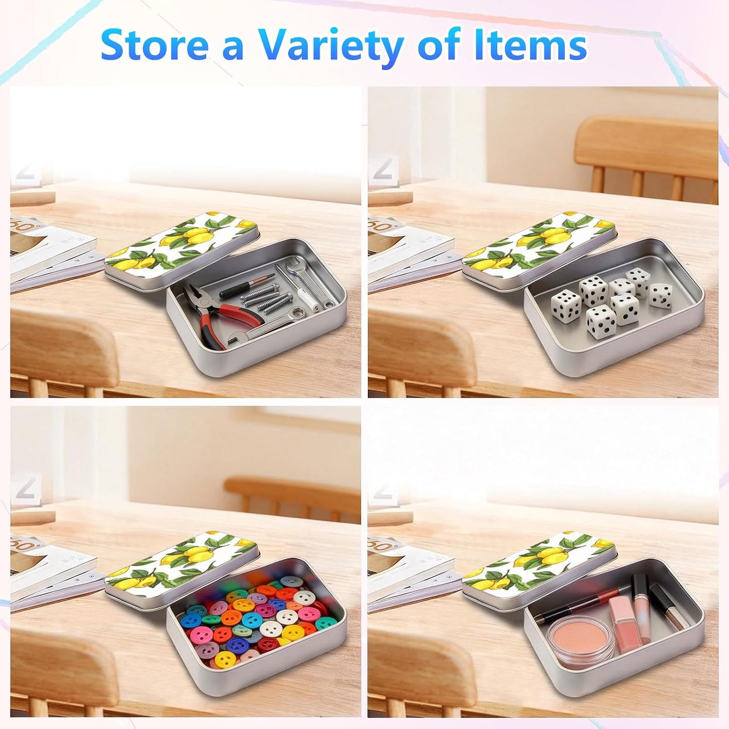 Lemons Metal Tin Box, 4.53x3.35x0.86 Inches Rectangular Empty Silver Storage Container with Lid – Small Home Organizer, Gifts, Candy, Crafts, Jewelry, Sewing Kits, Cookie Box