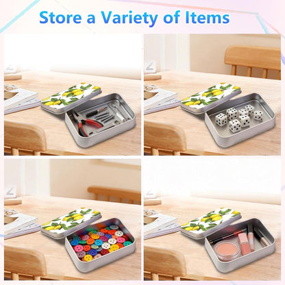 Lemons Metal Tin Box, 4.53x3.35x0.86 Inches Rectangular Empty Silver Storage Container with Lid – Small Home Organizer, Gifts, Candy, Crafts, Jewelry, Sewing Kits, Cookie Box