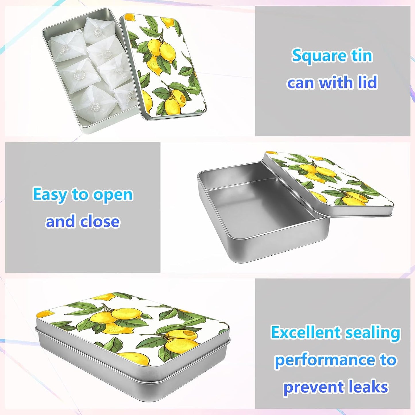 Lemons Metal Tin Box, 4.53x3.35x0.86 Inches Rectangular Empty Silver Storage Container with Lid – Small Home Organizer, Gifts, Candy, Crafts, Jewelry, Sewing Kits, Cookie Box