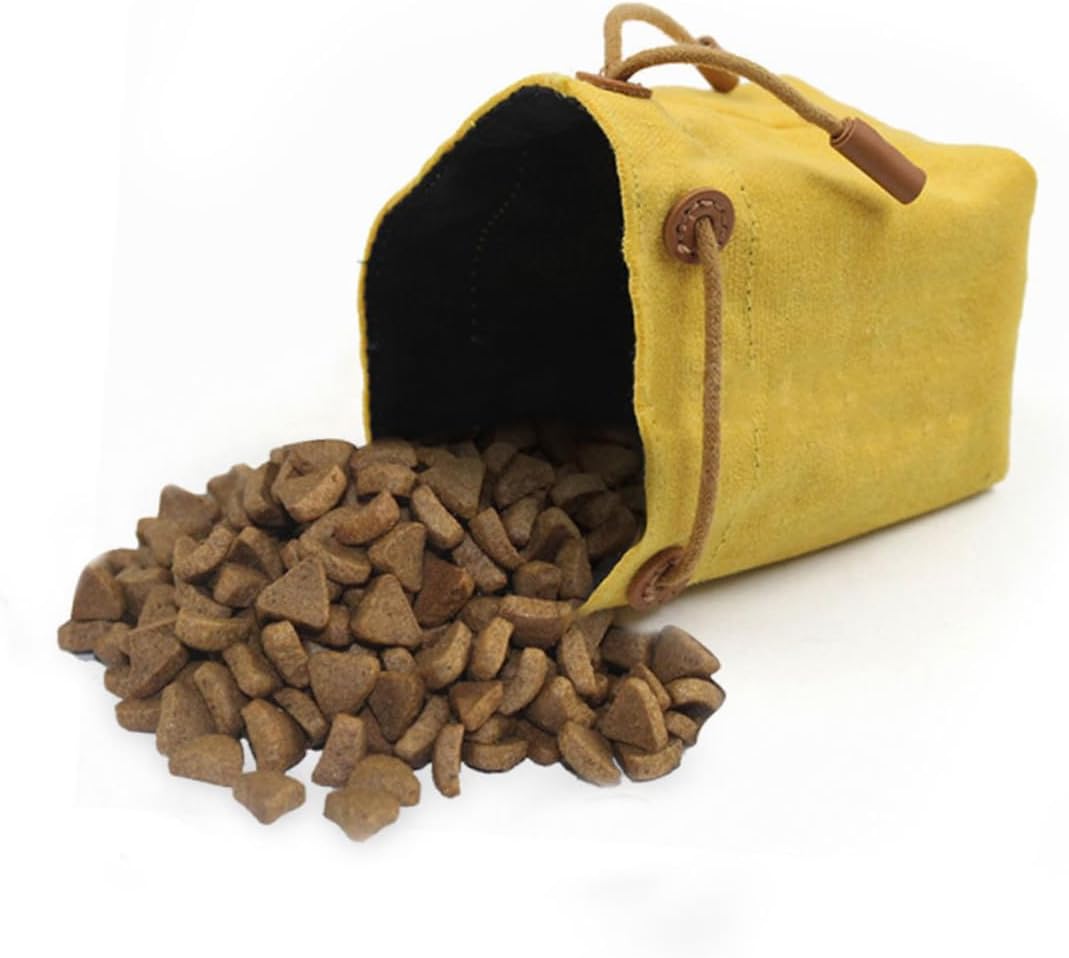 Canvas Dog Treat Pouch Portable Pet Training Bag Premium Yellow Snack Carrier Carabiner Clip for Outdoor Use for Puppy Training and Pet Supplies