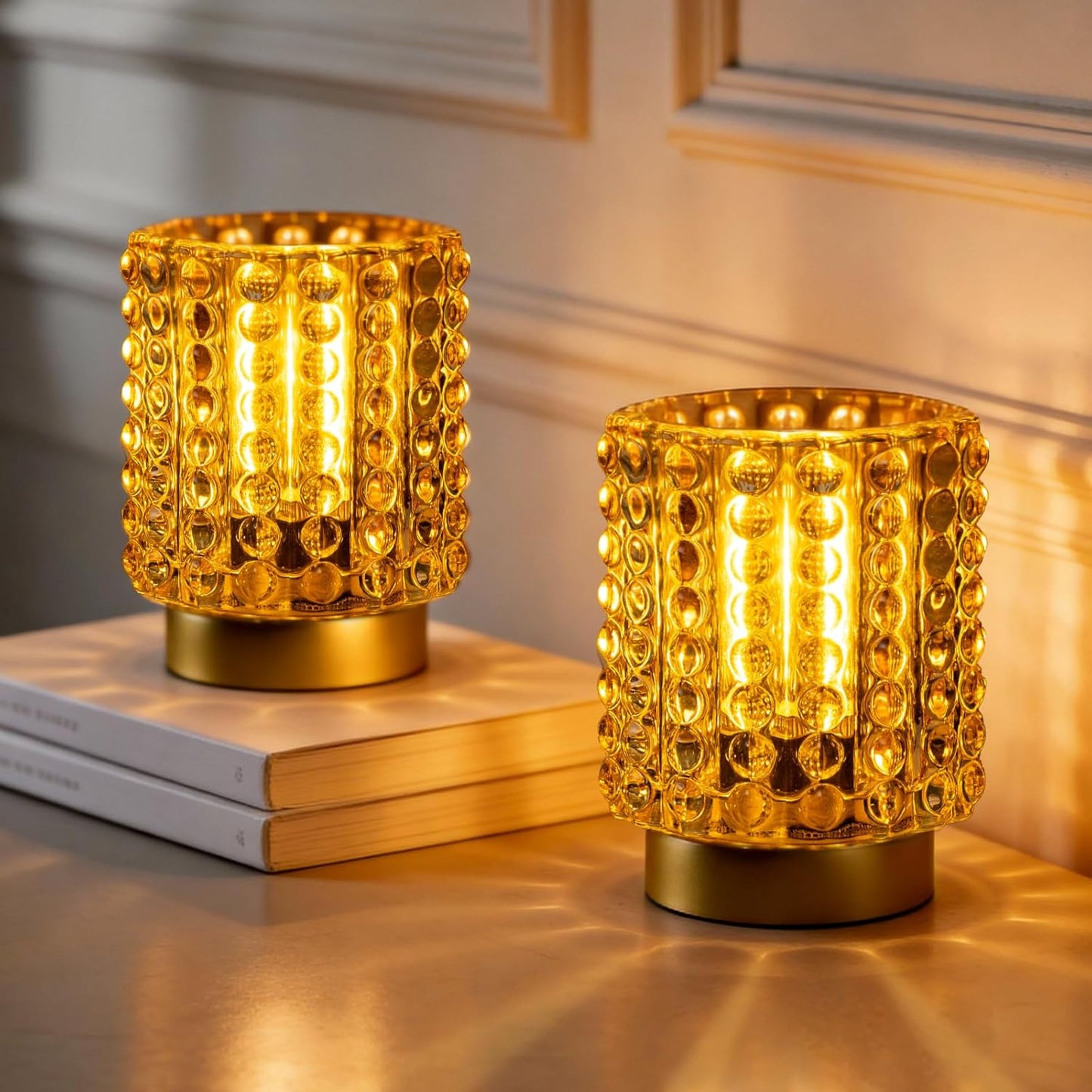 Battery Operated Lamp with Timer, Mini Crystal Table Lamps for Home Decor, Small Cordless Lamp for Areas No Outlets, Glass Battery Powered Lamps for Entryway, Bedroom, Bathroom, Shelf (2 Yellow)