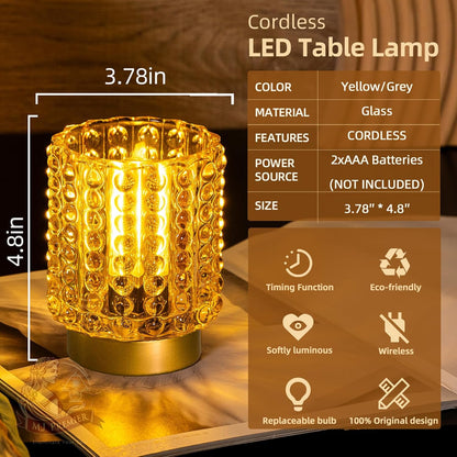 Battery Operated Lamp with Timer, Mini Crystal Table Lamps for Home Decor, Small Cordless Lamp for Areas No Outlets, Glass Battery Powered Lamps for Entryway, Bedroom, Bathroom, Shelf (2 Yellow)