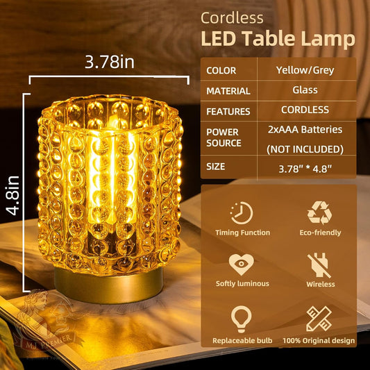 Battery Operated Lamp with Timer, Mini Crystal Table Lamps for Home Decor, Small Cordless Lamp for Areas No Outlets, Glass Battery Powered Lamps for Entryway, Bedroom, Bathroom, Shelf (2 Yellow)