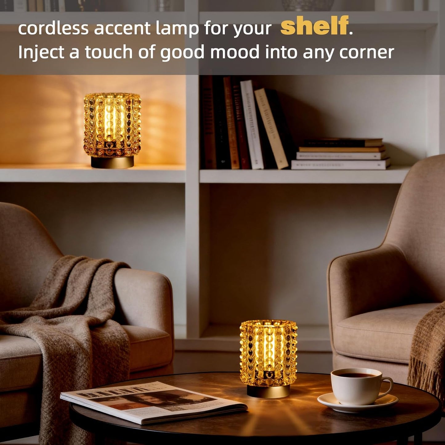 Battery Operated Lamp with Timer, Mini Crystal Table Lamps for Home Decor, Small Cordless Lamp for Areas No Outlets, Glass Battery Powered Lamps for Entryway, Bedroom, Bathroom, Shelf (2 Yellow)