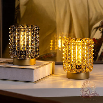 Battery Operated Lamp with Timer, Mini Crystal Table Lamps for Home Decor, Small Cordless Lamp for Areas No Outlets, Glass Battery Powered Lamps for Entryway, Bedroom, Bathroom, Shelf (2 Yellow)