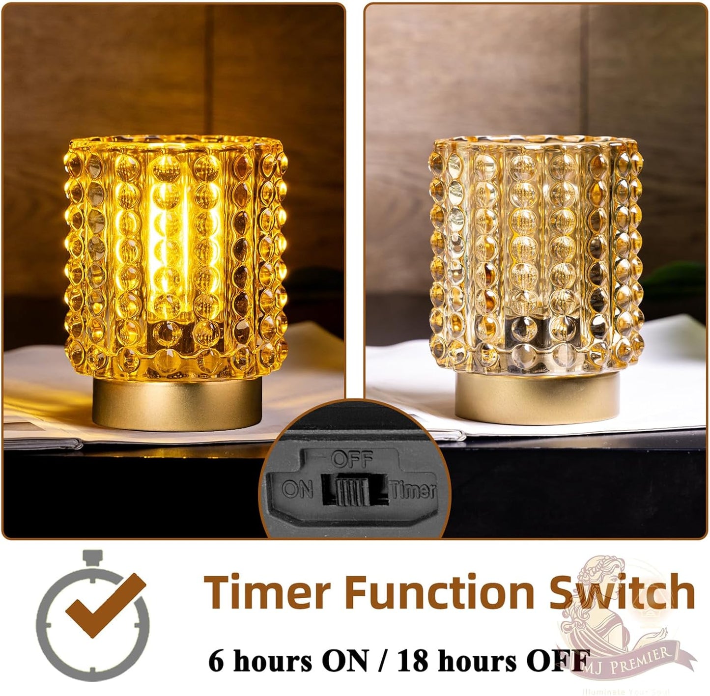 Battery Operated Lamp with Timer, Mini Crystal Table Lamps for Home Decor, Small Cordless Lamp for Areas No Outlets, Glass Battery Powered Lamps for Entryway, Bedroom, Bathroom, Shelf (2 Yellow)