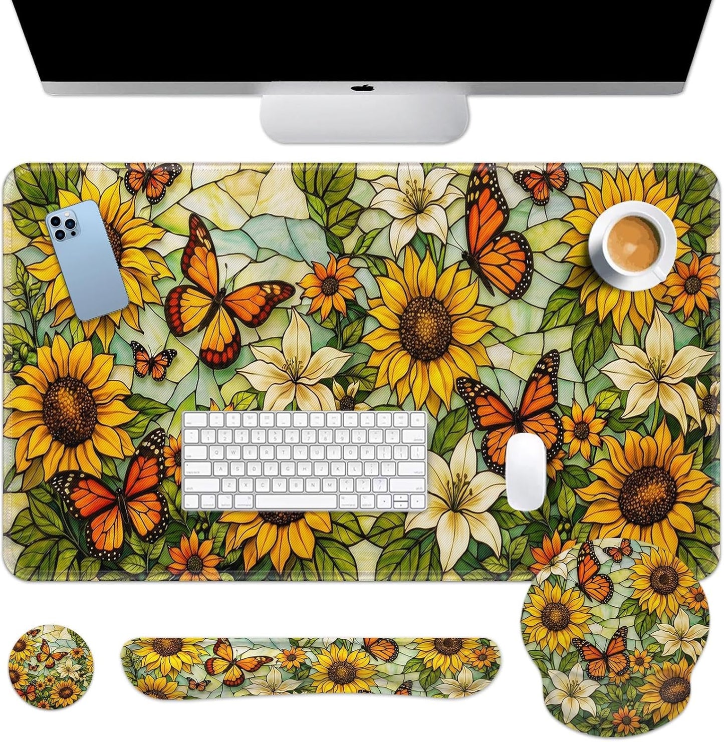 Yellow Sunflower Butterfly Keyboard Mouse Pad Set Floral Vintage 4in1 Large Mousepad+Keyboard Wrist Rest+Mouse Wrist Rest+Coaster Ergonomic Design for Home Office Computer 35.4x15.7 inches