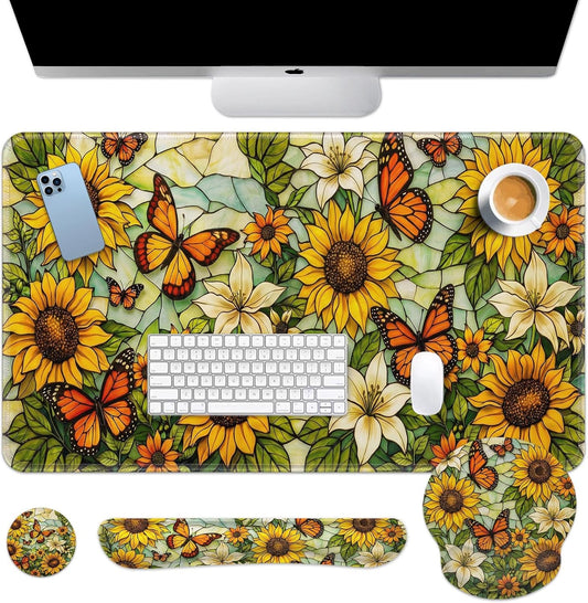 Yellow Sunflower Butterfly Keyboard Mouse Pad Set Floral Vintage 4in1 Large Mousepad+Keyboard Wrist Rest+Mouse Wrist Rest+Coaster Ergonomic Design for Home Office Computer 35.4x15.7 inches