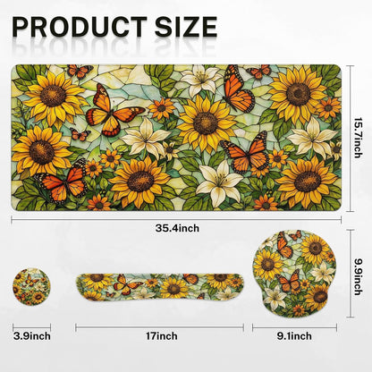 Yellow Sunflower Butterfly Keyboard Mouse Pad Set Floral Vintage 4in1 Large Mousepad+Keyboard Wrist Rest+Mouse Wrist Rest+Coaster Ergonomic Design for Home Office Computer 35.4x15.7 inches