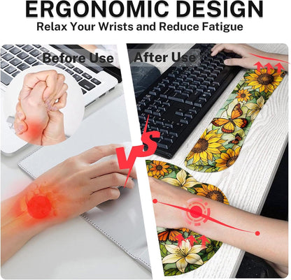 Yellow Sunflower Butterfly Keyboard Mouse Pad Set Floral Vintage 4in1 Large Mousepad+Keyboard Wrist Rest+Mouse Wrist Rest+Coaster Ergonomic Design for Home Office Computer 35.4x15.7 inches