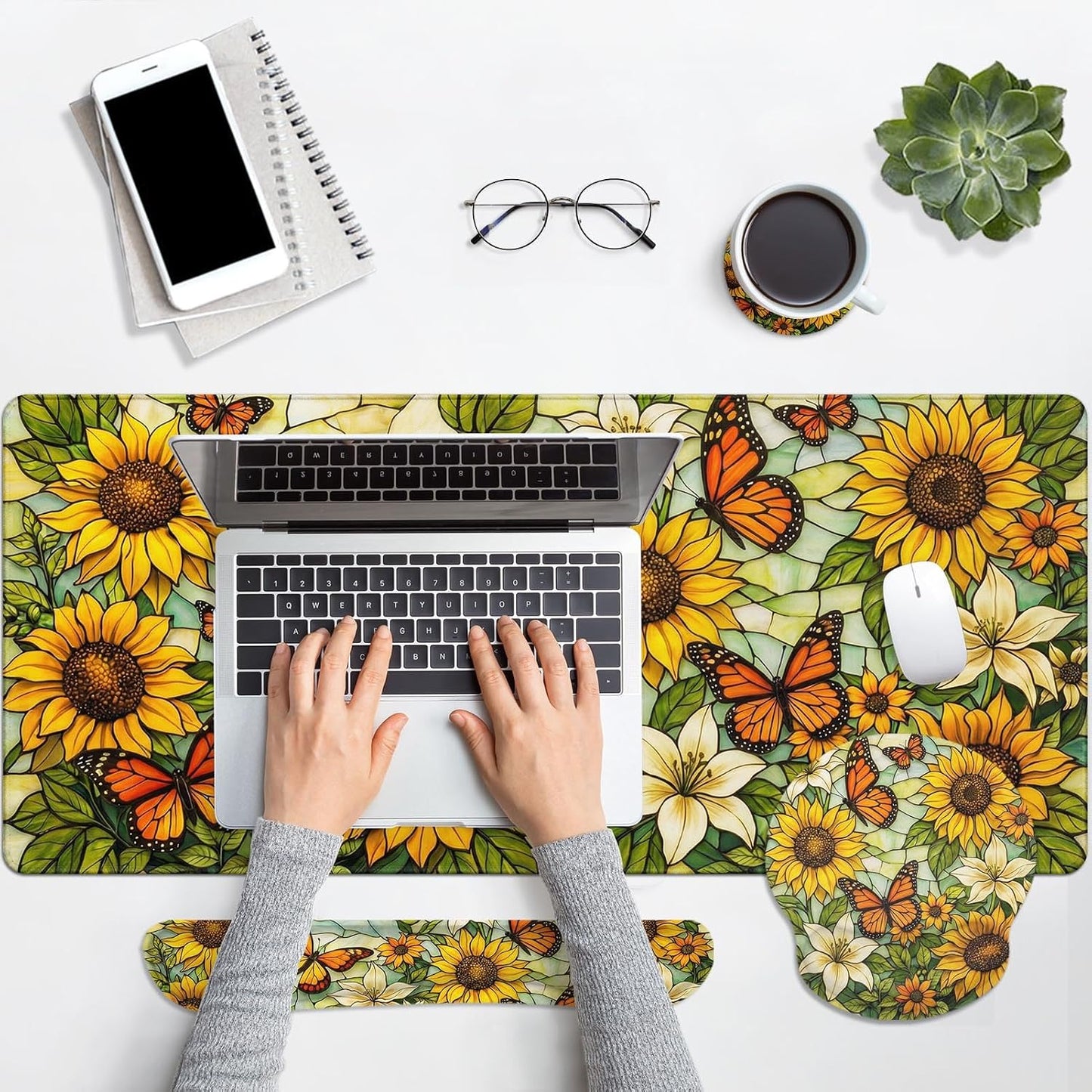 Yellow Sunflower Butterfly Keyboard Mouse Pad Set Floral Vintage 4in1 Large Mousepad+Keyboard Wrist Rest+Mouse Wrist Rest+Coaster Ergonomic Design for Home Office Computer 35.4x15.7 inches