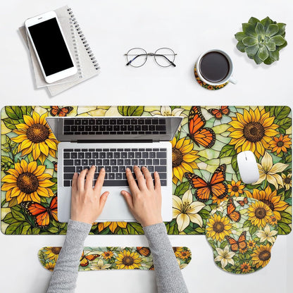 Yellow Sunflower Butterfly Keyboard Mouse Pad Set Floral Vintage 4in1 Large Mousepad+Keyboard Wrist Rest+Mouse Wrist Rest+Coaster Ergonomic Design for Home Office Computer 35.4x15.7 inches