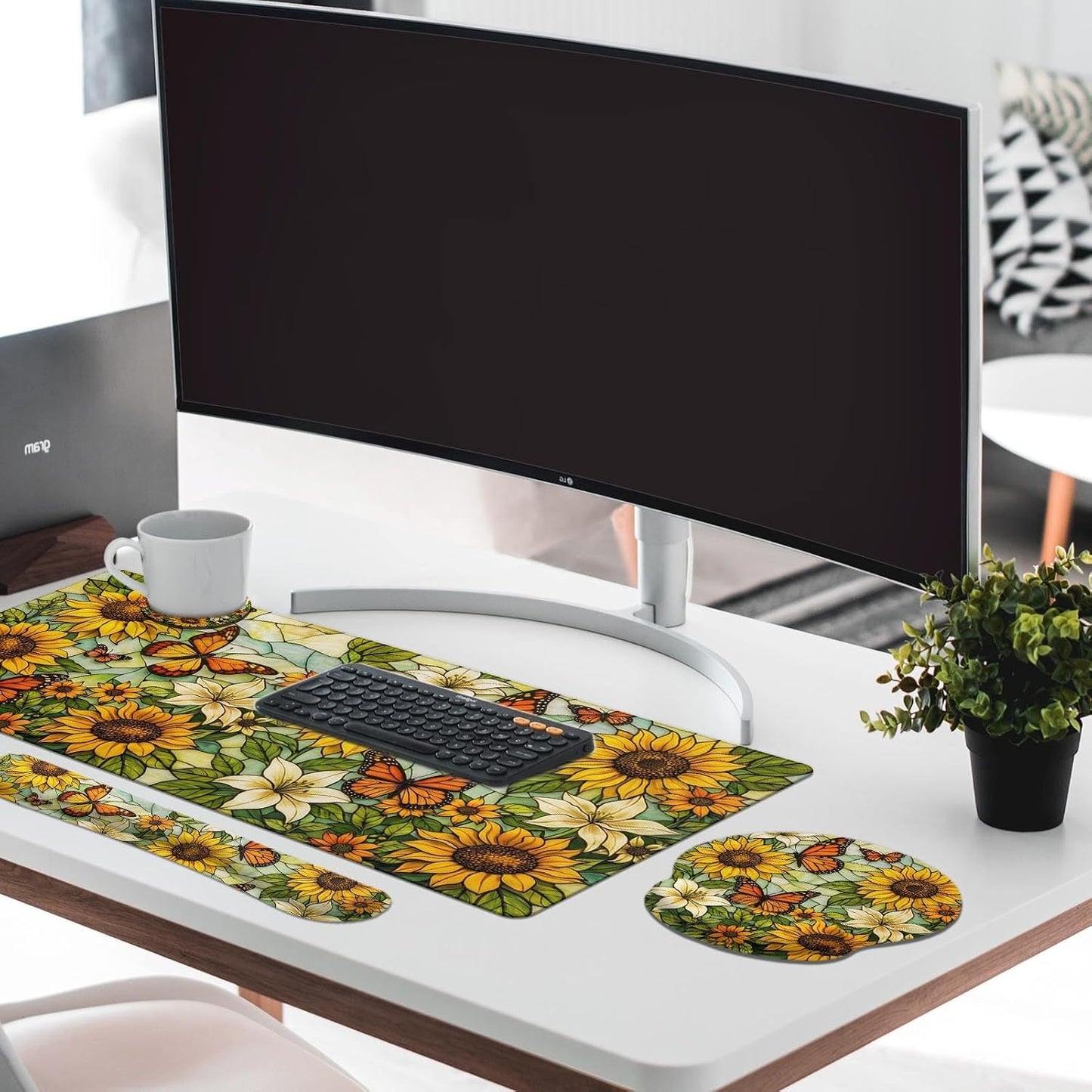 Yellow Sunflower Butterfly Keyboard Mouse Pad Set Floral Vintage 4in1 Large Mousepad+Keyboard Wrist Rest+Mouse Wrist Rest+Coaster Ergonomic Design for Home Office Computer 35.4x15.7 inches