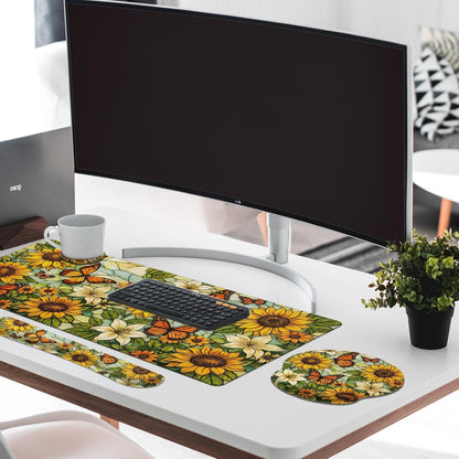 Yellow Sunflower Butterfly Keyboard Mouse Pad Set Floral Vintage 4in1 Large Mousepad+Keyboard Wrist Rest+Mouse Wrist Rest+Coaster Ergonomic Design for Home Office Computer 35.4x15.7 inches