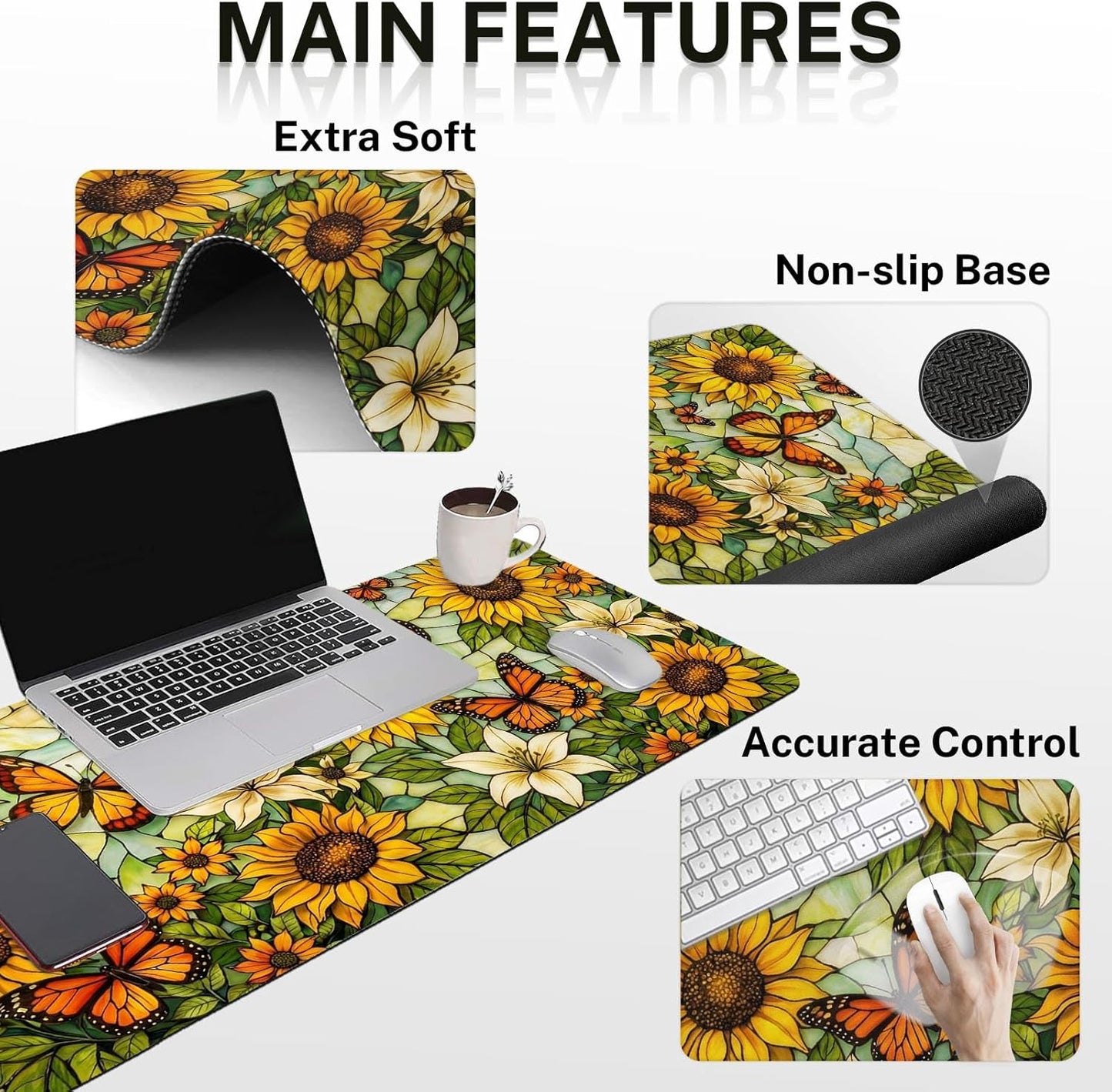 Yellow Sunflower Butterfly Keyboard Mouse Pad Set Floral Vintage 4in1 Large Mousepad+Keyboard Wrist Rest+Mouse Wrist Rest+Coaster Ergonomic Design for Home Office Computer 35.4x15.7 inches