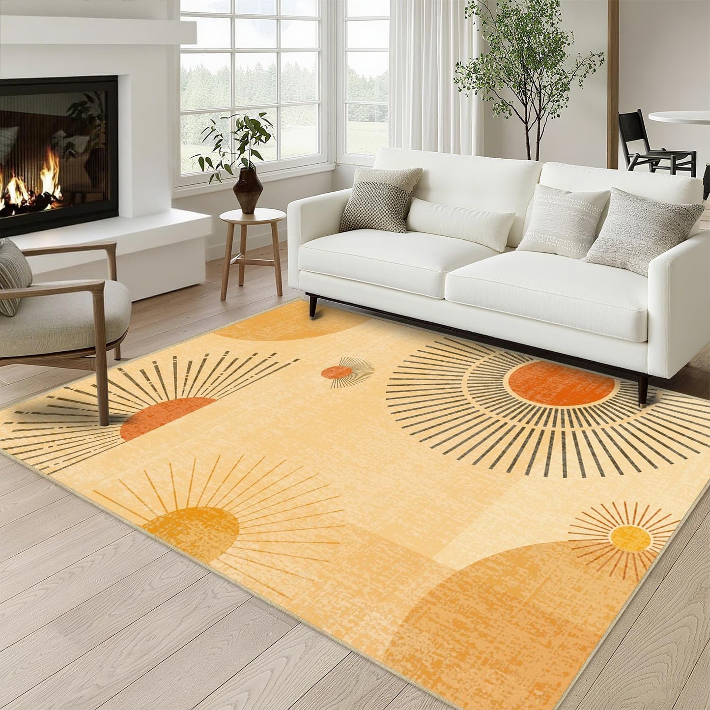Sun Rug 3x5 for Living Room Mid Century Modern Area Rugs Machine Washable Sun Boho Rug Non Slip Printed Low Pile Indoor Floor Carpet for Kitchen Bathroom Bedroom,Yellow