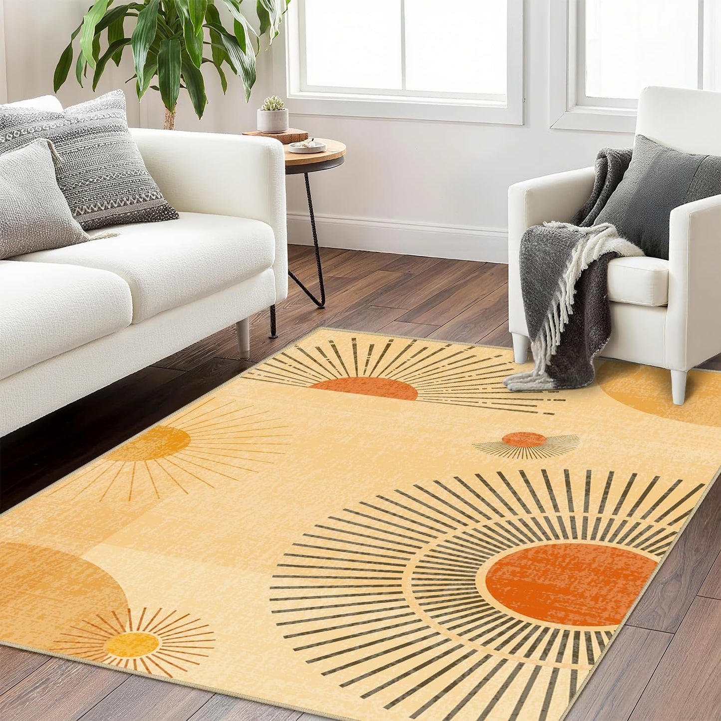 Sun Rug 3x5 for Living Room Mid Century Modern Area Rugs Machine Washable Sun Boho Rug Non Slip Printed Low Pile Indoor Floor Carpet for Kitchen Bathroom Bedroom,Yellow