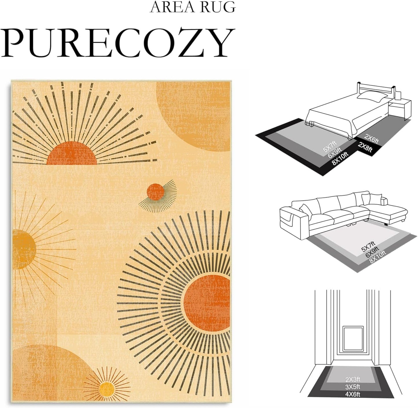 Sun Rug 3x5 for Living Room Mid Century Modern Area Rugs Machine Washable Sun Boho Rug Non Slip Printed Low Pile Indoor Floor Carpet for Kitchen Bathroom Bedroom,Yellow