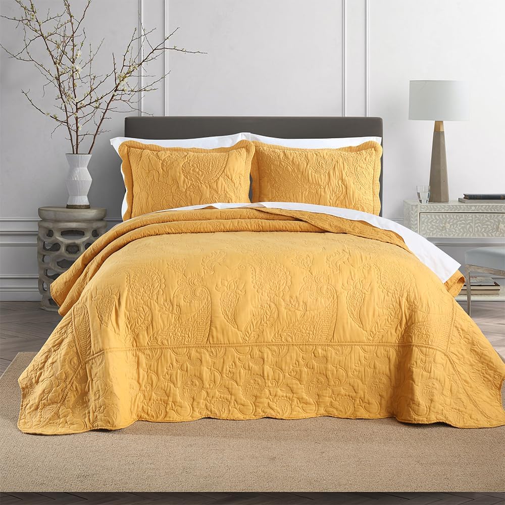 Cotton Jacquard Bedspread Quilt Bedding Sets Reversible Comforters Coverlets Yellow Bedspread for All Seasons, Paisley Floral Stiching Pattern,Yellow, Queen Size