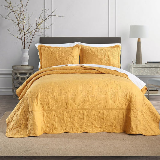 Cotton Jacquard Bedspread Quilt Bedding Sets Reversible Comforters Coverlets Yellow Bedspread for All Seasons, Paisley Floral Stiching Pattern,Yellow, Queen Size