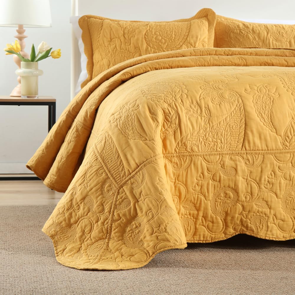 Cotton Jacquard Bedspread Quilt Bedding Sets Reversible Comforters Coverlets Yellow Bedspread for All Seasons, Paisley Floral Stiching Pattern,Yellow, Queen Size
