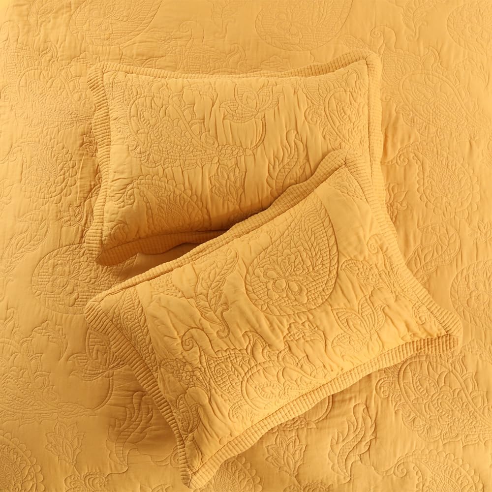 Cotton Jacquard Bedspread Quilt Bedding Sets Reversible Comforters Coverlets Yellow Bedspread for All Seasons, Paisley Floral Stiching Pattern,Yellow, Queen Size