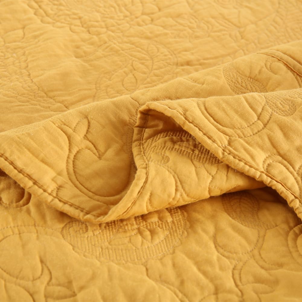 Cotton Jacquard Bedspread Quilt Bedding Sets Reversible Comforters Coverlets Yellow Bedspread for All Seasons, Paisley Floral Stiching Pattern,Yellow, Queen Size