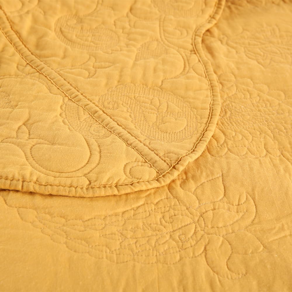 Cotton Jacquard Bedspread Quilt Bedding Sets Reversible Comforters Coverlets Yellow Bedspread for All Seasons, Paisley Floral Stiching Pattern,Yellow, Queen Size