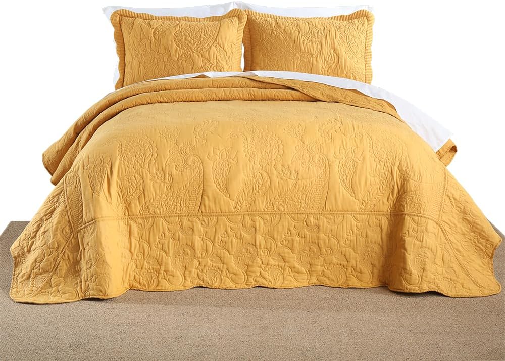 Cotton Jacquard Bedspread Quilt Bedding Sets Reversible Comforters Coverlets Yellow Bedspread for All Seasons, Paisley Floral Stiching Pattern,Yellow, Queen Size
