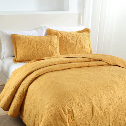Cotton Jacquard Bedspread Quilt Bedding Sets Reversible Comforters Coverlets Yellow Bedspread for All Seasons, Paisley Floral Stiching Pattern,Yellow, Queen Size