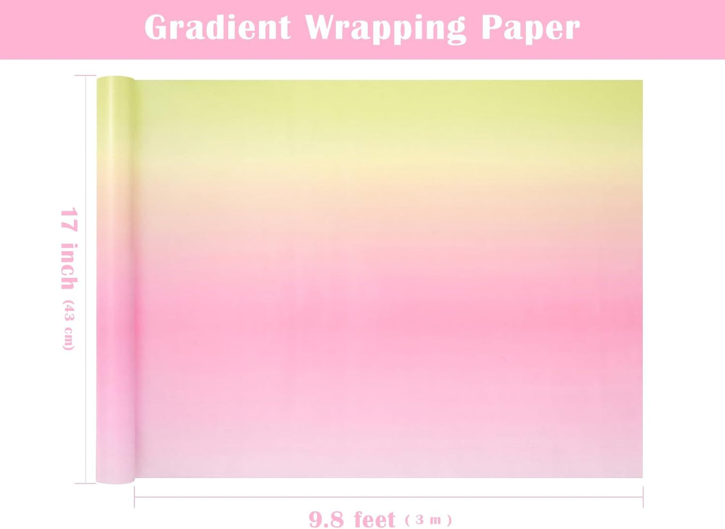 Gradient Birthday Wrapping Paper Roll - Mini Roll - 17 Inch x 10 Feet - Light Pink - Yellow Wrapping Paper Perfect for Girls Boys Kids Birthday, Wedding, Holiday, Baby Shower Packing