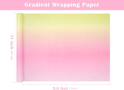 Gradient Birthday Wrapping Paper Roll - Mini Roll - 17 Inch x 10 Feet - Light Pink - Yellow Wrapping Paper Perfect for Girls Boys Kids Birthday, Wedding, Holiday, Baby Shower Packing