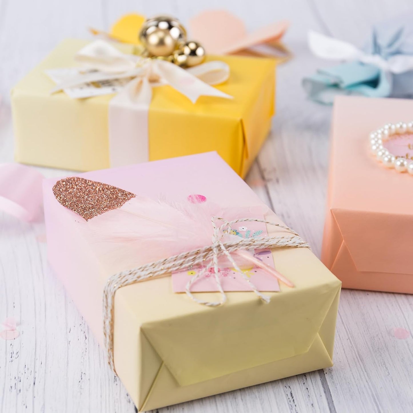 Gradient Birthday Wrapping Paper Roll - Mini Roll - 17 Inch x 10 Feet - Light Pink - Yellow Wrapping Paper Perfect for Girls Boys Kids Birthday, Wedding, Holiday, Baby Shower Packing
