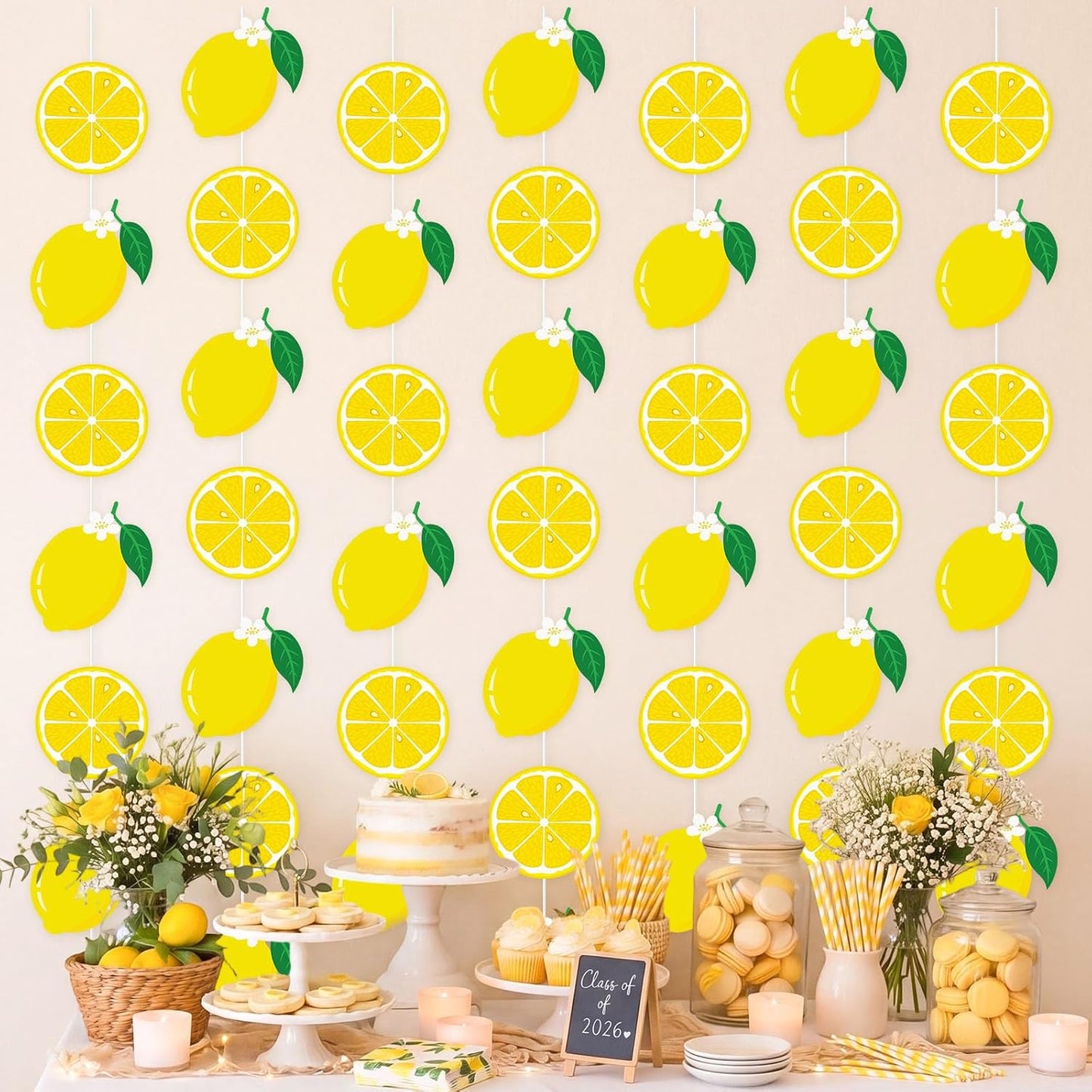 8 Pcs Lemon Hanging Party Decoration Lemon Garland Decors Yellow Lemonade Bar Paper Hanging Banner for Summer Fruit Themed Birthday Bridal Shower Wedding Graduation Party Supplies