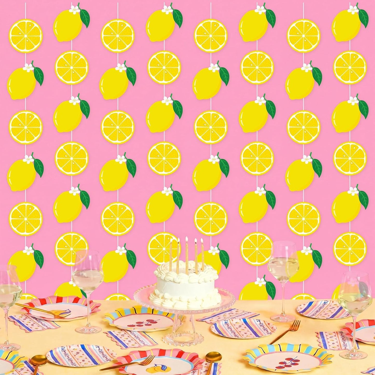 8 Pcs Lemon Hanging Party Decoration Lemon Garland Decors Yellow Lemonade Bar Paper Hanging Banner for Summer Fruit Themed Birthday Bridal Shower Wedding Graduation Party Supplies