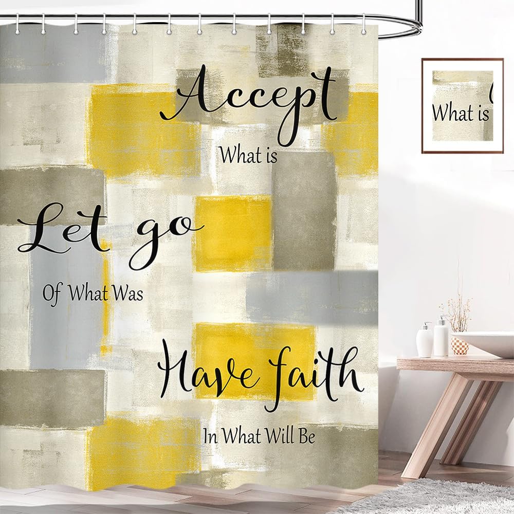 Abstract Yellow Gray Shower Curtain, Modern Geometric Shower Curtain for Bathroom Decor, Minimalist Simple Aesthetic Grey Burnt Orange Painting Shower Curtain Set with 12Hooks, 70X70IN, 70X70