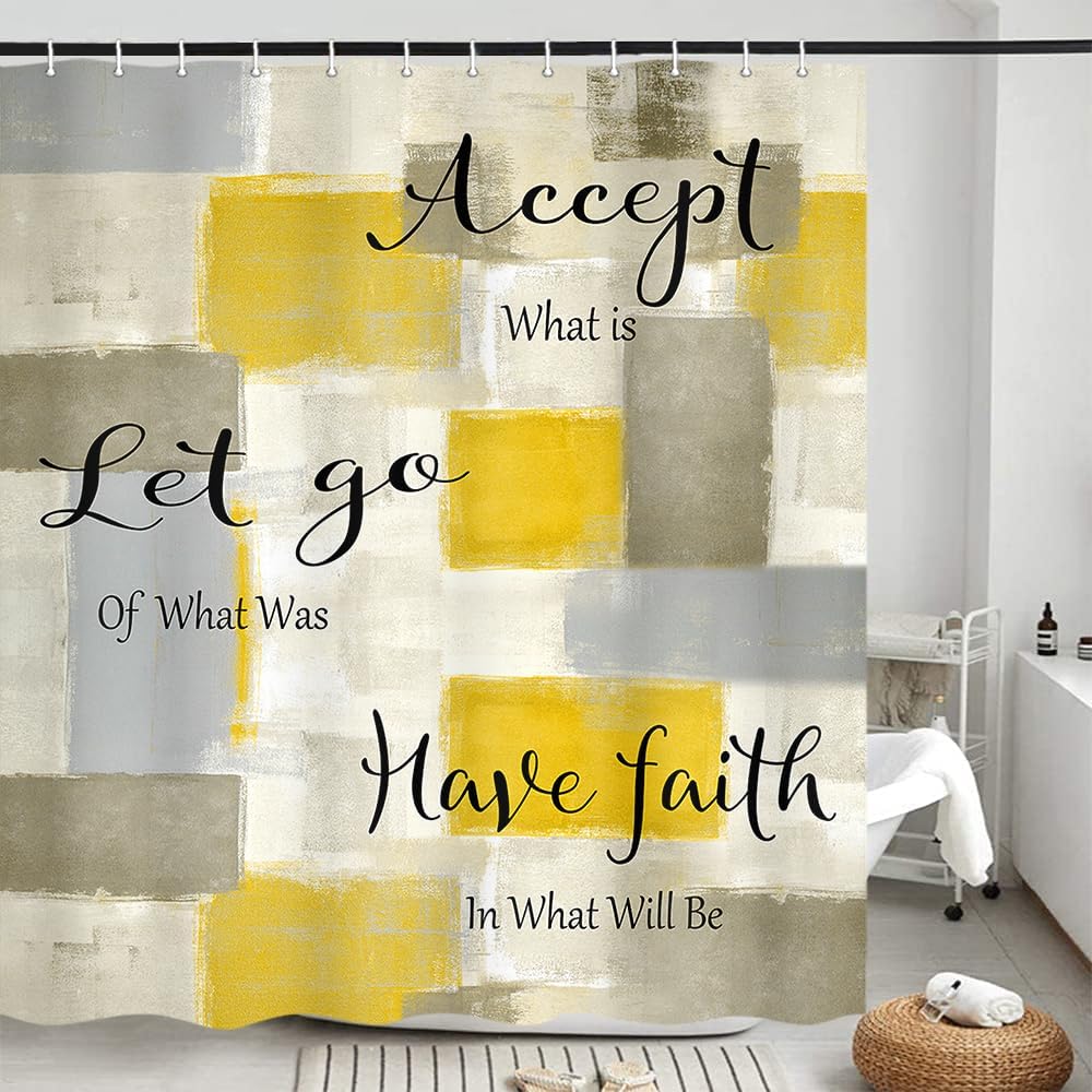 Abstract Yellow Gray Shower Curtain, Modern Geometric Shower Curtain for Bathroom Decor, Minimalist Simple Aesthetic Grey Burnt Orange Painting Shower Curtain Set with 12Hooks, 70X70IN, 70X70