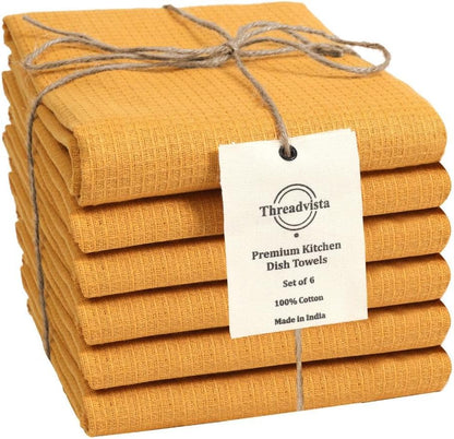 100% Cotton Waffle Kitchen Towels Set of 6 - Soft Highly Absorbent Durable - Perfect for Drying Cleaning Everyday Kitchen Use - Quick Drying Premium Dish Towels 16x26 Inch Yellow Mustard