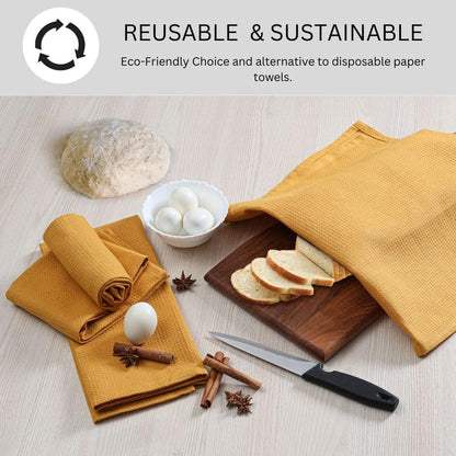 100% Cotton Waffle Kitchen Towels Set of 6 - Soft Highly Absorbent Durable - Perfect for Drying Cleaning Everyday Kitchen Use - Quick Drying Premium Dish Towels 16x26 Inch Yellow Mustard