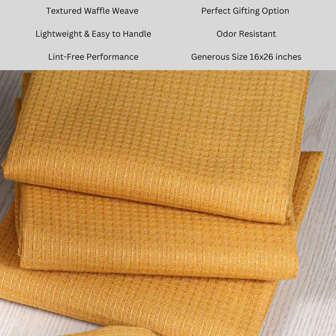100% Cotton Waffle Kitchen Towels Set of 6 - Soft Highly Absorbent Durable - Perfect for Drying Cleaning Everyday Kitchen Use - Quick Drying Premium Dish Towels 16x26 Inch Yellow Mustard