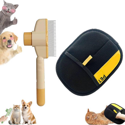 Pet Grooming Kit – Flea Comb & Electrostatic Glove, Self-Cleaning Dog & Cat Brush, Reusable Deshedding Glove + Green Comb for Cats & Dogs (2-in-1)(Glove+Yellow Comb)
