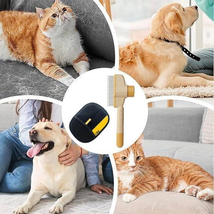 Pet Grooming Kit – Flea Comb & Electrostatic Glove, Self-Cleaning Dog & Cat Brush, Reusable Deshedding Glove + Green Comb for Cats & Dogs (2-in-1)(Glove+Yellow Comb)