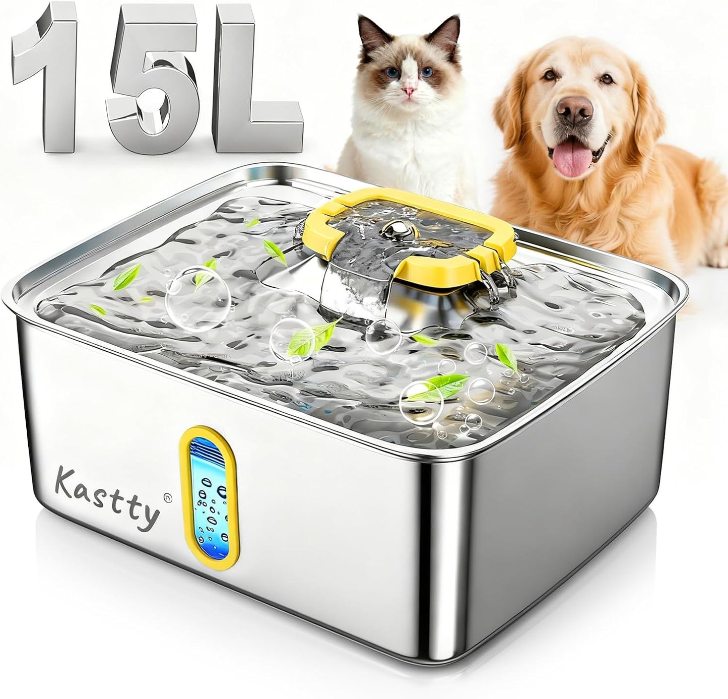 15L/3.96 Gal Stainless Steel Large Capacity Dog Water Fountain | Ultra Quiet Dog Water Bowl Dispenser LED Light Multi Filtration Cat Water Fountain,Pet Water Fountain Easy Clean(FS78,Yellow)