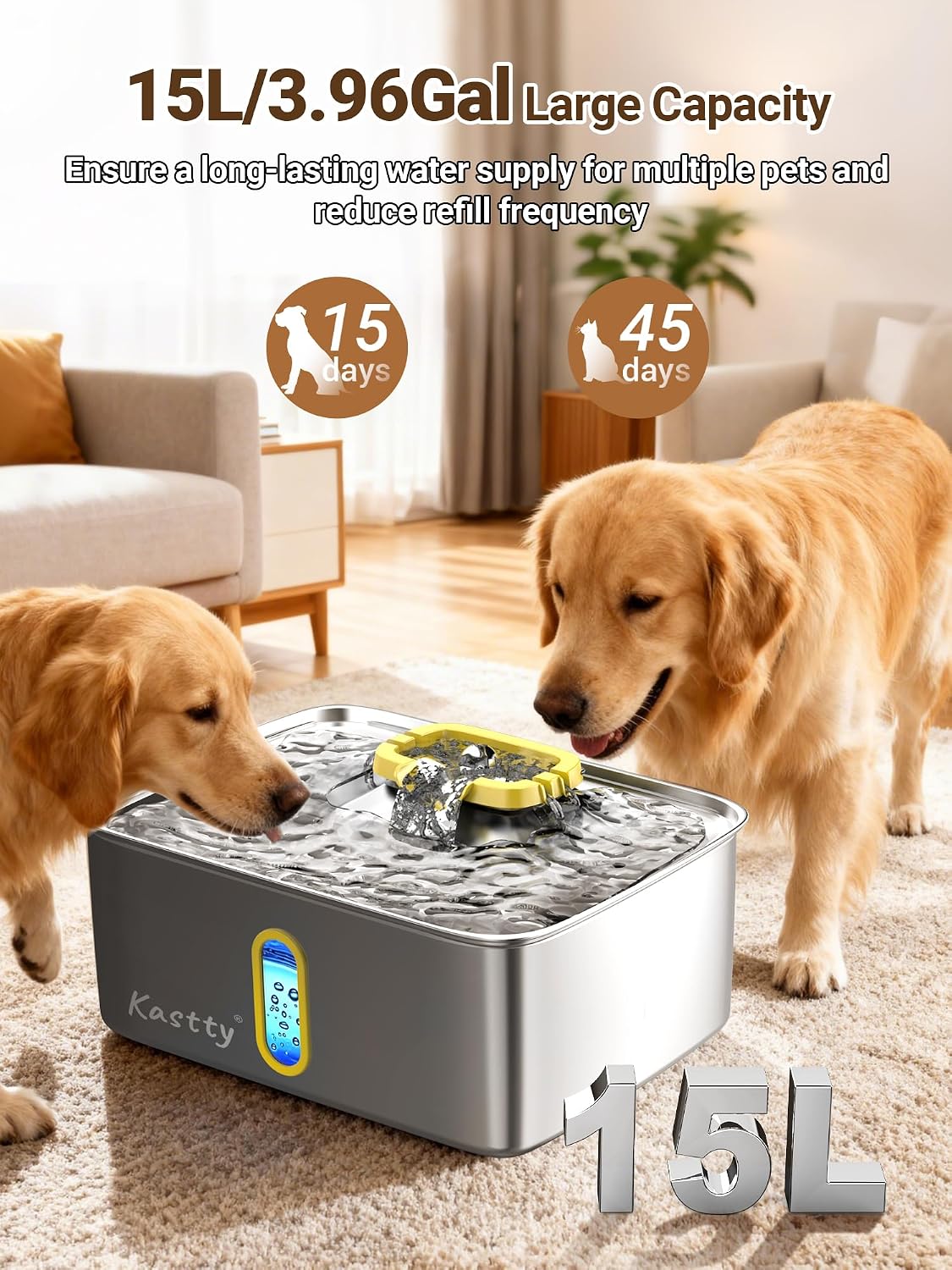 15L/3.96 Gal Stainless Steel Large Capacity Dog Water Fountain | Ultra Quiet Dog Water Bowl Dispenser LED Light Multi Filtration Cat Water Fountain,Pet Water Fountain Easy Clean(FS78,Yellow)
