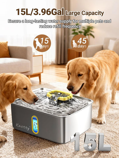 15L/3.96 Gal Stainless Steel Large Capacity Dog Water Fountain | Ultra Quiet Dog Water Bowl Dispenser LED Light Multi Filtration Cat Water Fountain,Pet Water Fountain Easy Clean(FS78,Yellow)