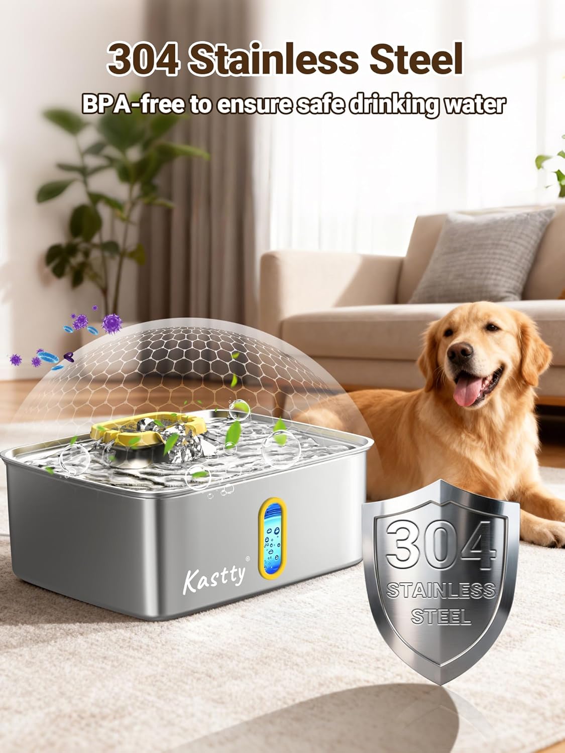 15L/3.96 Gal Stainless Steel Large Capacity Dog Water Fountain | Ultra Quiet Dog Water Bowl Dispenser LED Light Multi Filtration Cat Water Fountain,Pet Water Fountain Easy Clean(FS78,Yellow)