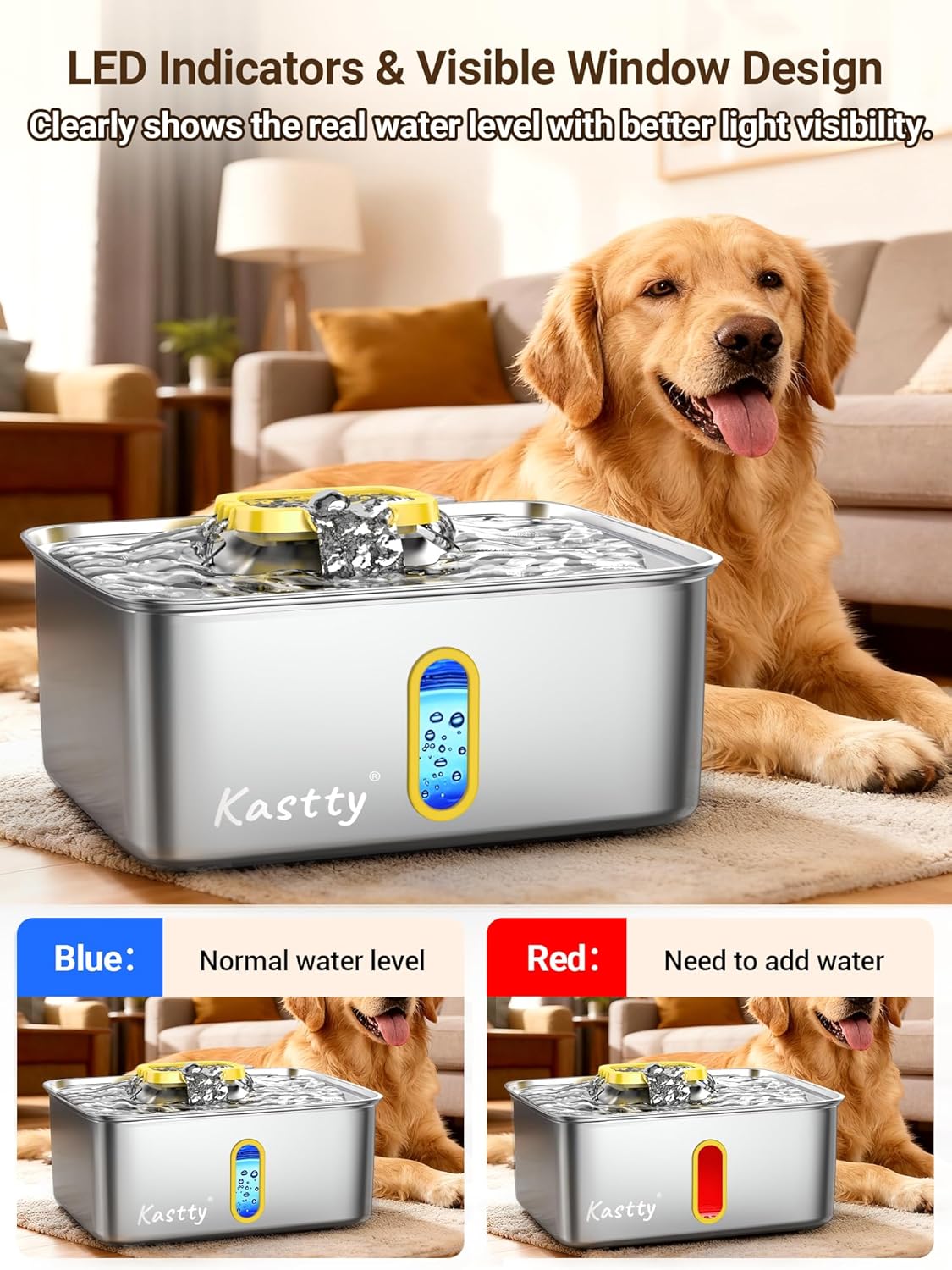15L/3.96 Gal Stainless Steel Large Capacity Dog Water Fountain | Ultra Quiet Dog Water Bowl Dispenser LED Light Multi Filtration Cat Water Fountain,Pet Water Fountain Easy Clean(FS78,Yellow)