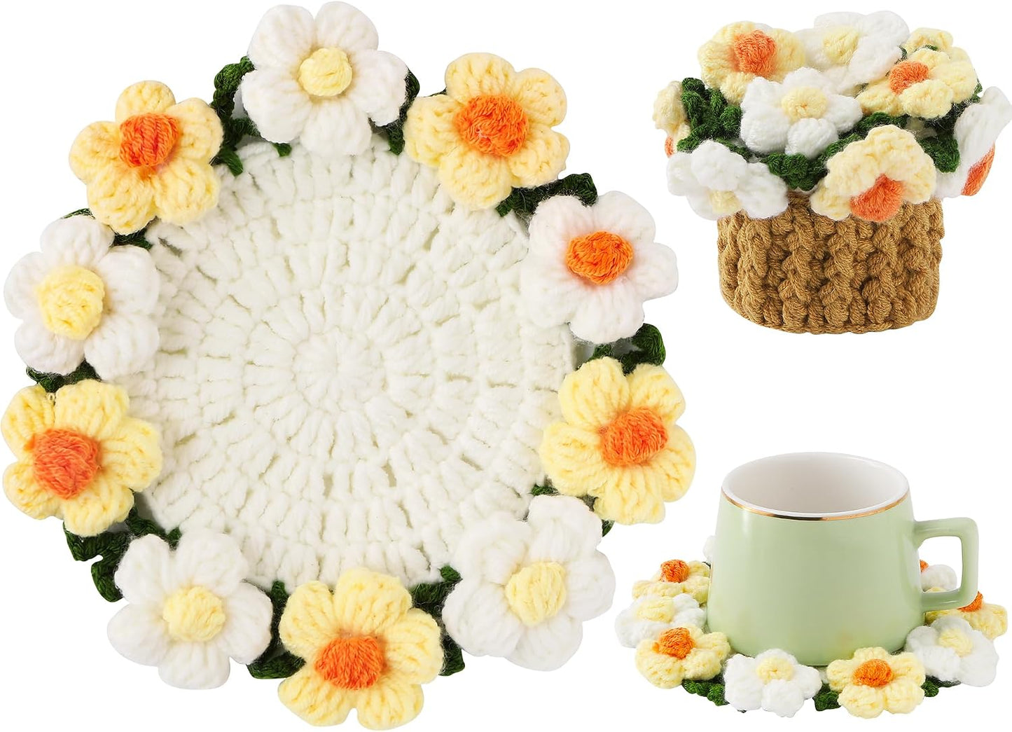 Flower Crochet Coasters, Handmade Bouquet Blanket Coaster with Crochet Plant Pot Fun Soft Decorative Drink Coasters for Coffee Tabletop Protection and Home Decor (Light Yellow, 1Pc)