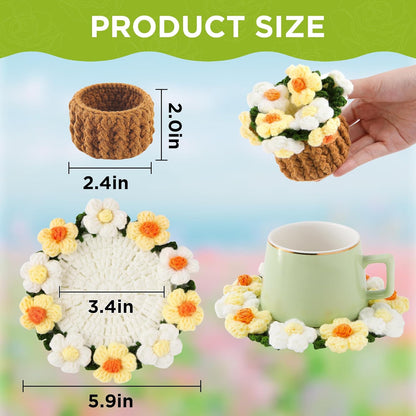 Flower Crochet Coasters, Handmade Bouquet Blanket Coaster with Crochet Plant Pot Fun Soft Decorative Drink Coasters for Coffee Tabletop Protection and Home Decor (Light Yellow, 1Pc)