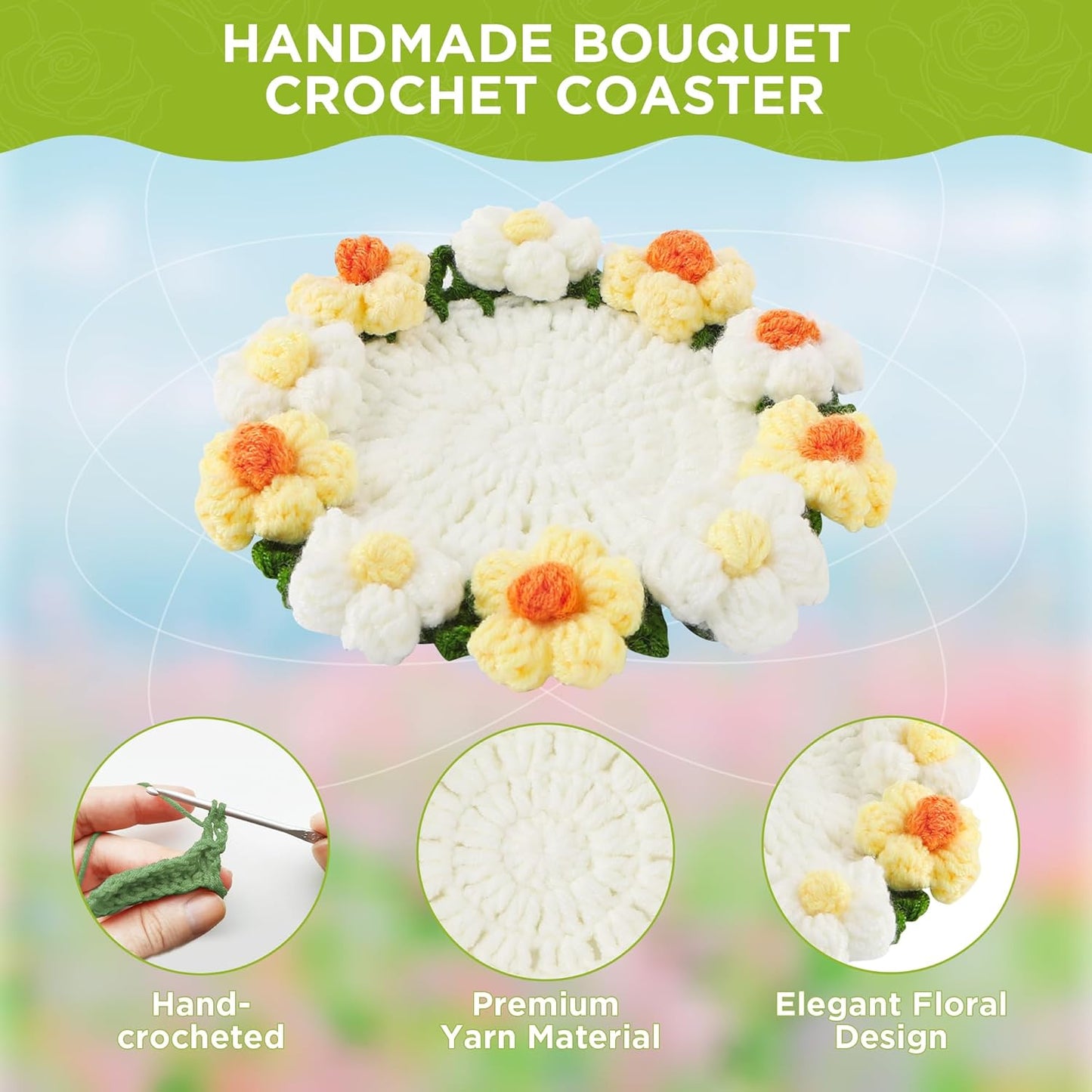 Flower Crochet Coasters, Handmade Bouquet Blanket Coaster with Crochet Plant Pot Fun Soft Decorative Drink Coasters for Coffee Tabletop Protection and Home Decor (Light Yellow, 1Pc)